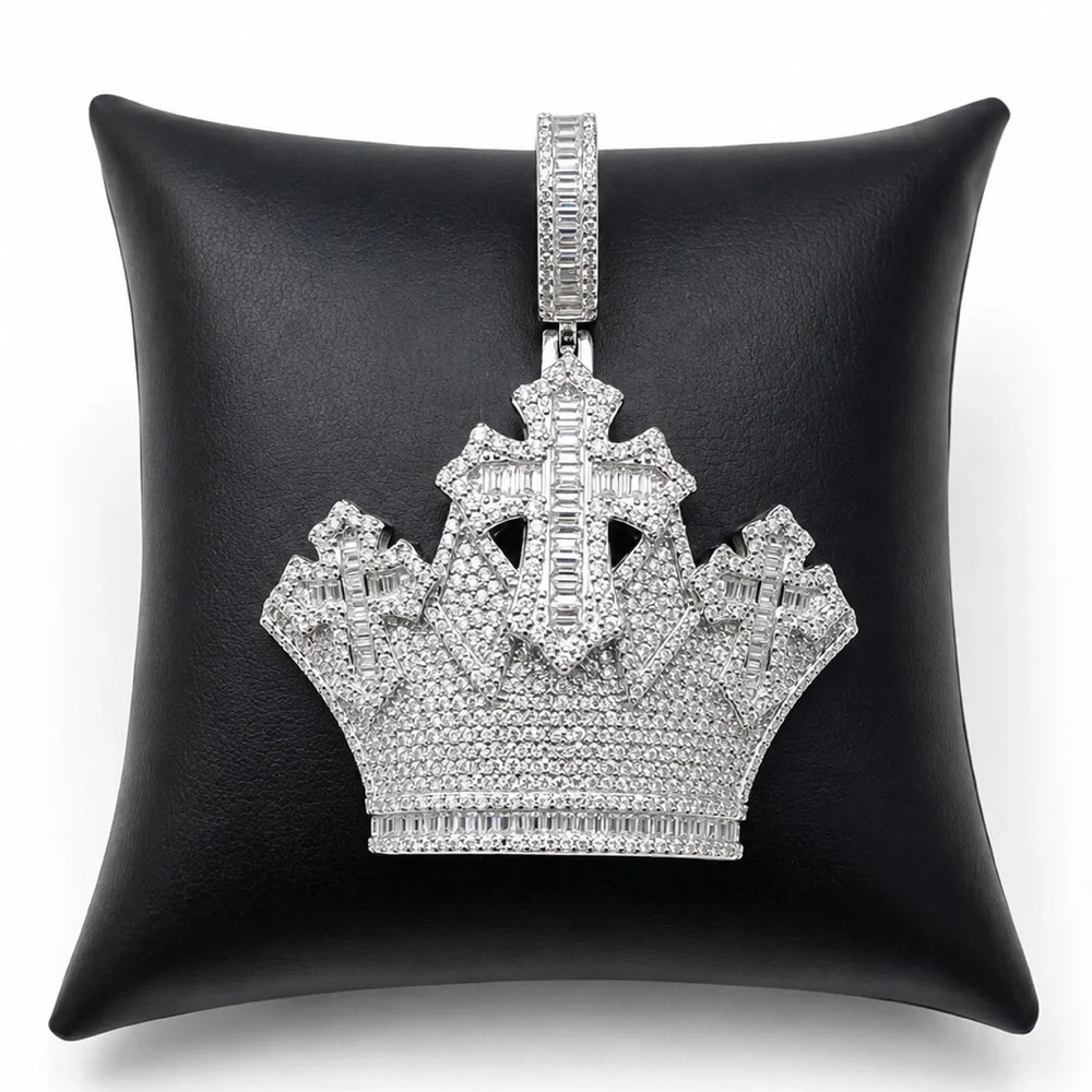 925 Sterling Silver 4.50CTW MOISSANITE Crown Cross Men’s Pendant